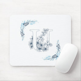 Initial "U" Blue Monogram Calm Floral Mousepad