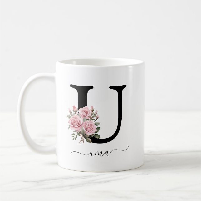 Initial U Monogram Floral Blume Rosenrosen Tasse (Links)