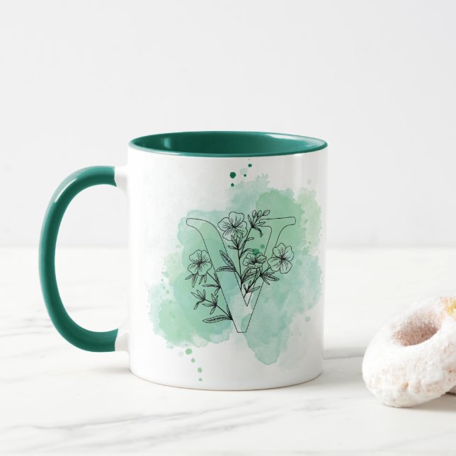 Initial V Aquarellfarbenmonogramm Grün Botanisch Tasse (Mit Donut)