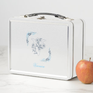 Initial "V" Blue Monogram Calm Floral Metall Brotdose
