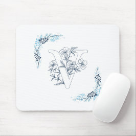 Initial "V" Blue Monogram Calm Floral Mousepad