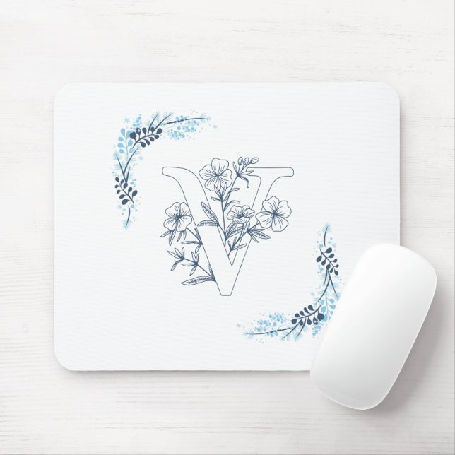 Initial "V" Blue Monogram Calm Floral Mousepad (Mit Mouse)