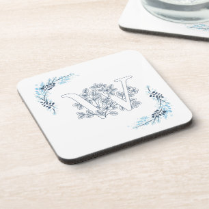 Initial "W" Blue Monogram Calm Floral Getränkeuntersetzer