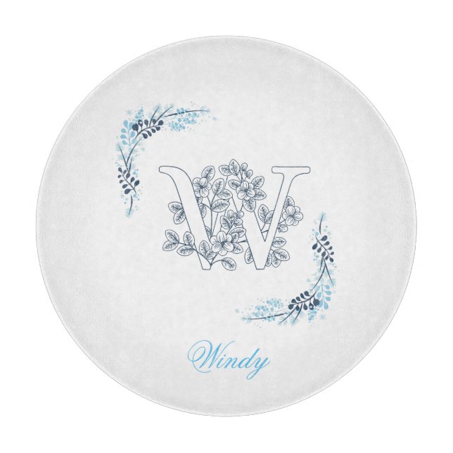 Initial "W" Blue Monogram Calm Floral Schneidebrett (Vorderseite)