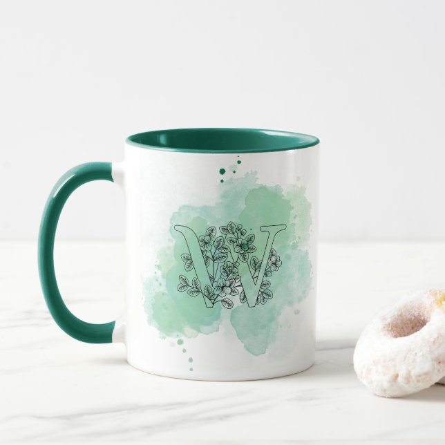 Initial W Watercolor Monogram Green Botanical Tasse (Mit Donut)