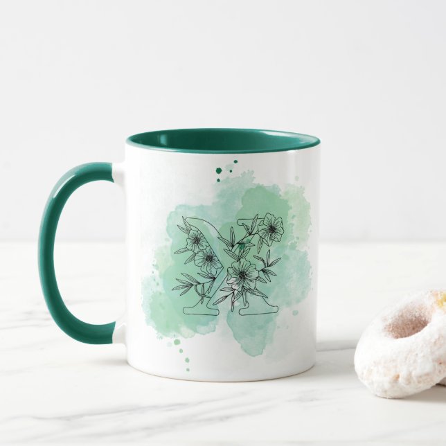 Initial X Aquarell Monogram Green Botanical Tasse (Mit Donut)