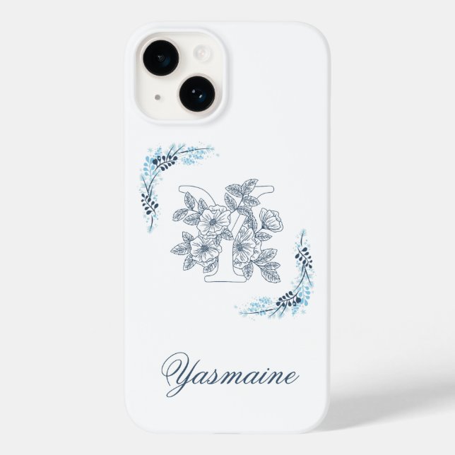 Initial "Y" Blue Monogram Calm Floral Case-Mate iPhone 14 Hülle (Rückseite)