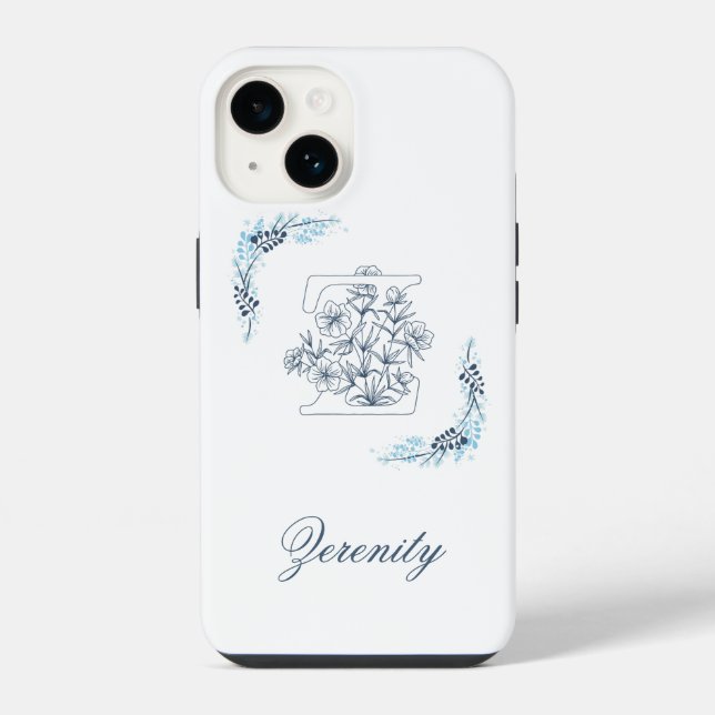 Initial "Z" Blue Monogram Calm Floral iPhone 14 Hülle (Rückseite)