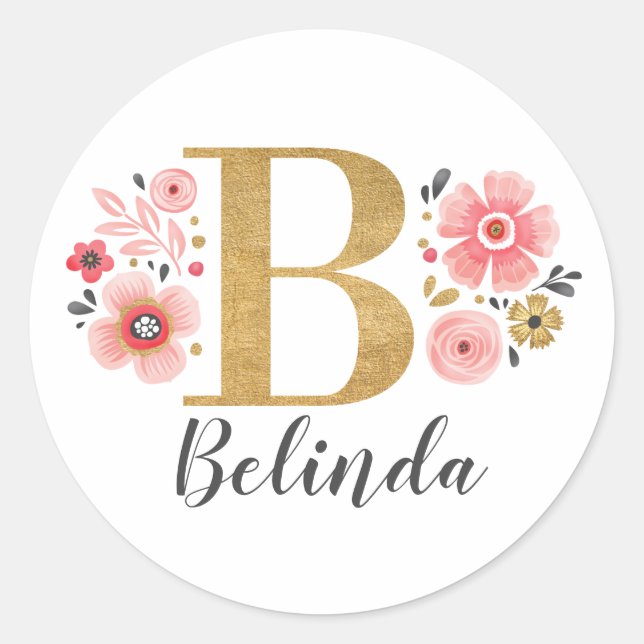Initialbrief B: Elegant Gold Pink Floral Monogram Runder Aufkleber (Vorderseite)