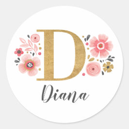 Initialbrief D: Elegant, rosa, florale Monogramm Runder Aufkleber