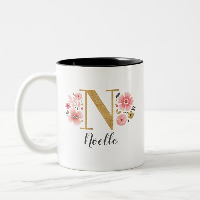 Initialbuchstabe N für das Monogramm Pink Floral Zweifarbige Tasse (Links)