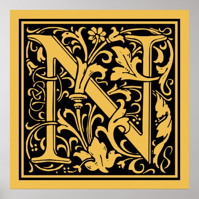 Initialbuchstabe N Mittelalterliches Monogramm Vin Poster (Vorne)