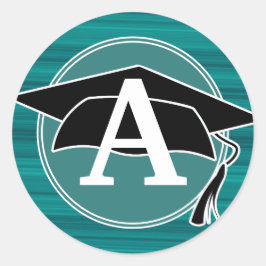 Initiale aquamarine Schwarz-weiße Graduation Cap M Runder Aufkleber