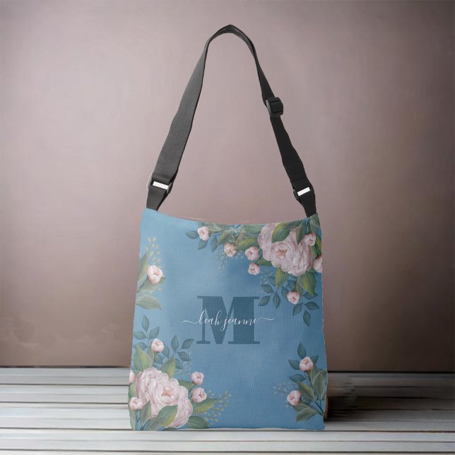Initiale benutzerdefinierte Monogramm Rosa Floral Tragetaschen Mit Langen Trägern (Blue and pink vintage floral monogram shoulder bag.)