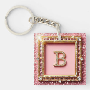Initiale Diamant B Paillettes Roses Cadre Or Monog