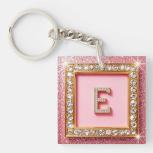 Initiale Diamant E Cadre Doré Fond Pailleté Rose M