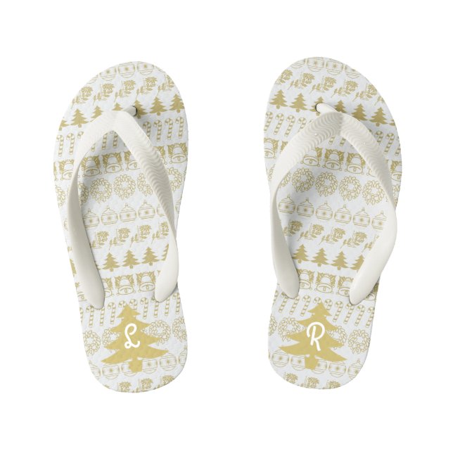 Initiale | Gold & White Iconic Weihnachtsmuster Kinderbadesandalen (Fußbett)
