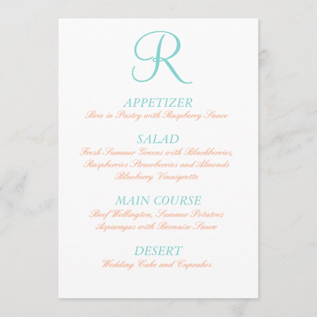 Initiale simple de menu orange bleu de mariage (Devant)