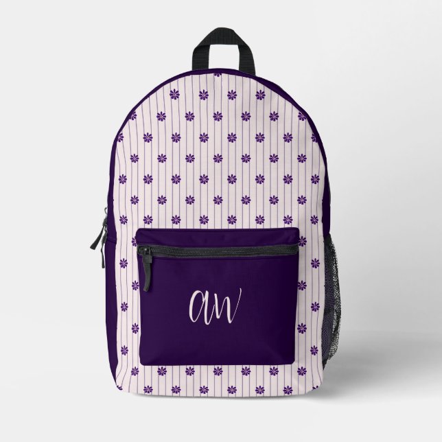 Initiale Violet & Blush Streifen - Lila Blüten Bedruckter Rucksack (Vorderseite)