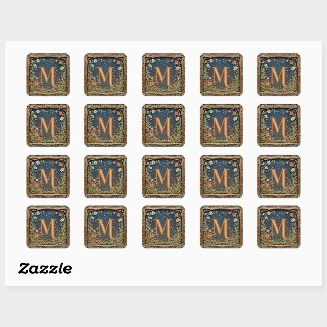Initiale Wildblume Abend Monogramm Quadratischer Aufkleber (Blatt)