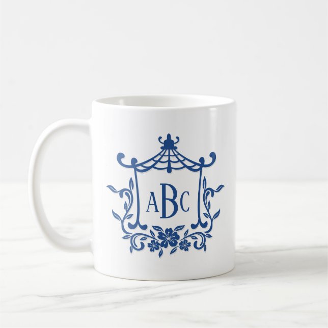 Initialen der blauen weißen Pagode-Blume Monogramm Kaffeetasse (Links)