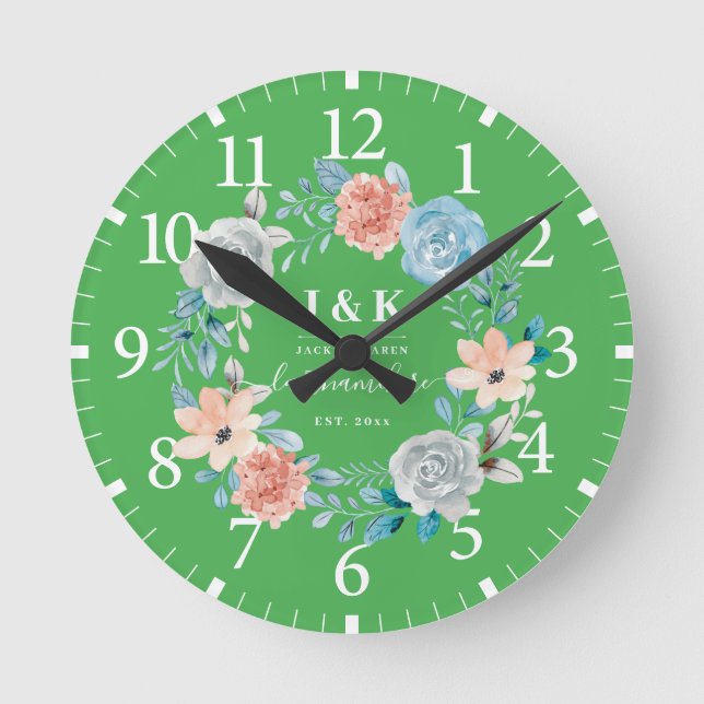Initialen der Floral Monogram mit benutzerdefinier Runde Wanduhr (Vorderseite)