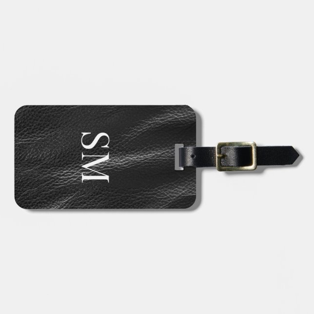 Initialen der klassischen Black Leather Monogram Gepäckanhänger (Vorderseite horizontal)