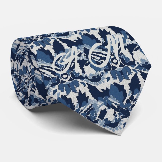 Initialen des blauen weißen Retro-Ikat-Musters Mon Krawatte (Gerollt)