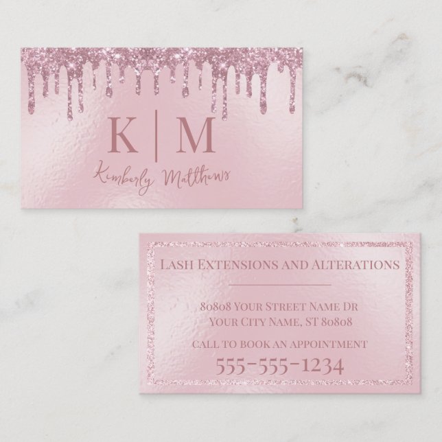 Initialen des glamourösen Blush Pink Glitzer Monog Visitenkarte (Vorne/Hinten)
