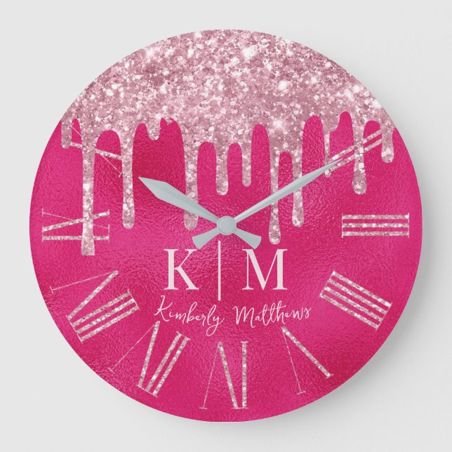 Initialen des glamourösen Hot Pink Glitzer Monogra Große Wanduhr (Vorderseite)