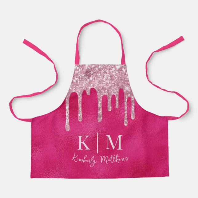 Initialen des glamourösen Hot Pink Glitzer Monogra Schürze (Vorderseite)