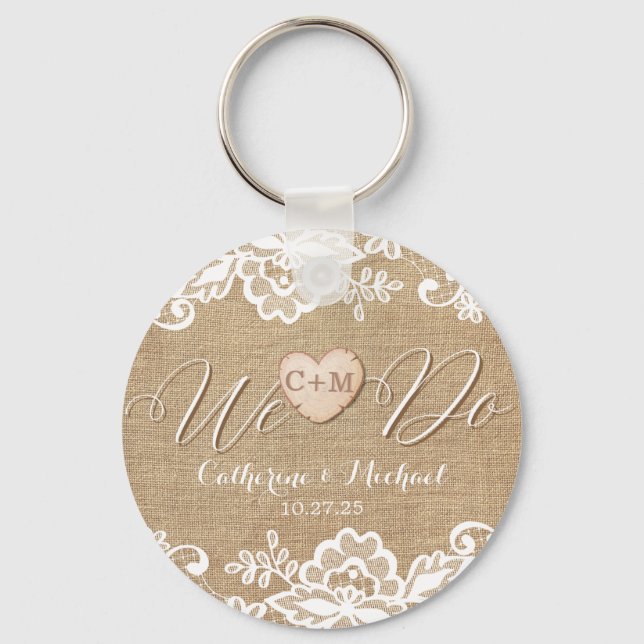 Initialen für rustikale Burlap Lace und Wood Heart Schlüsselanhänger (Vorderseite)