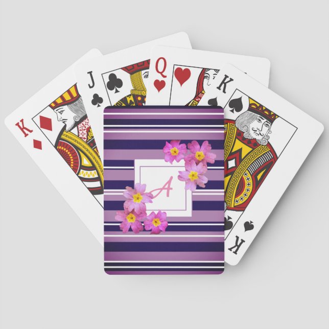 Initialen-Monogramm-Blumen-Streifen-Spielkarten Spielkarten (Rückseite)