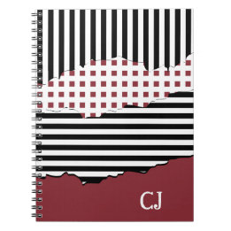 Initialen Streifen Netz Layered Black, White & Red Notizblock