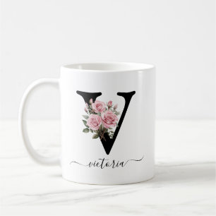 Initialen V Monogramm Floral Blumen Rosa Rosen Tas Kaffeetasse