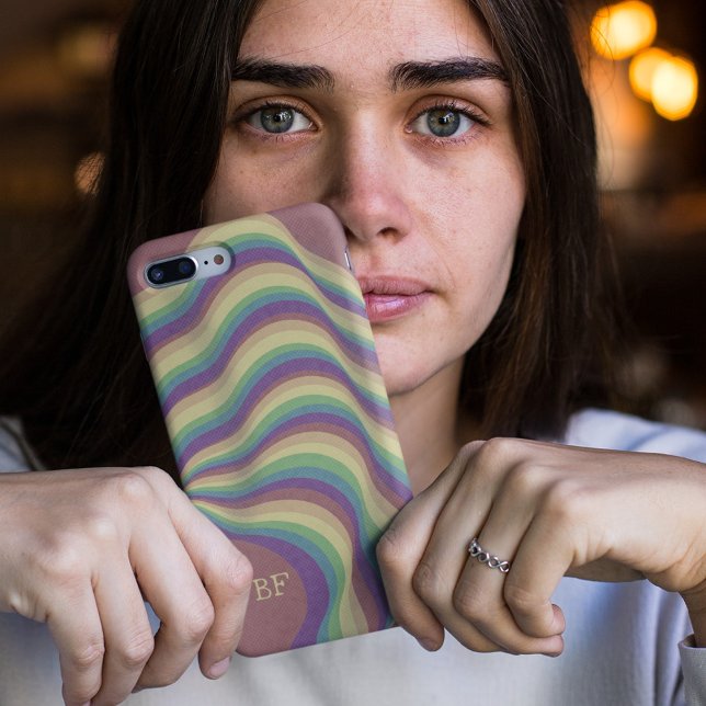 Initialen von Pastel Retro Wavy Rainbow Lines Mono Case-Mate iPhone Hülle (Von Creator hochgeladen)