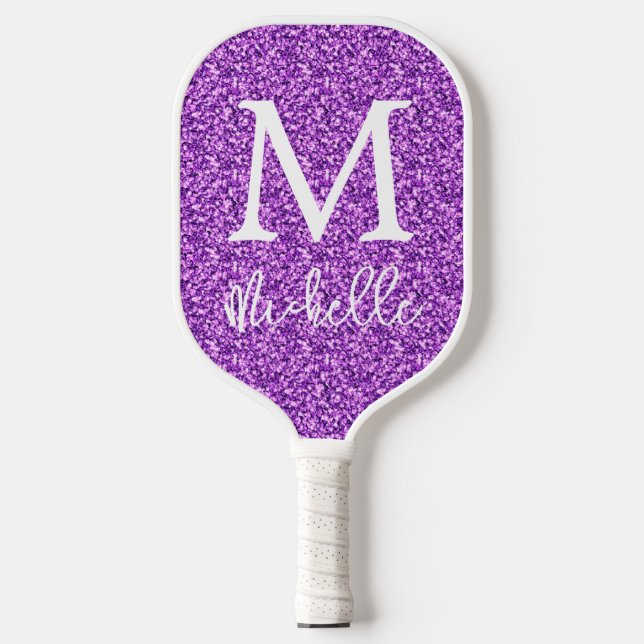 Initialer Name des Trendy Lila Imitats Glitzer Mon Pickleball Schläger (Vorderseite)
