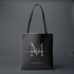 Initialer Name für Schwarz-Silber-Monogramm-Skript Tasche<br><div class="desc">Modernes Schwarz Silver Slate Gray Monogram Eleganter Script Name Initial Tote Bag</div>