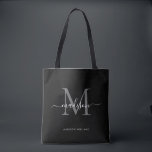 Initialer Name für Schwarz-Silber-Monogramm-Skript Tasche<br><div class="desc">Modernes Schwarz Silver Slate Gray Monogram Eleganter Script Name Initial Tote Bag</div>