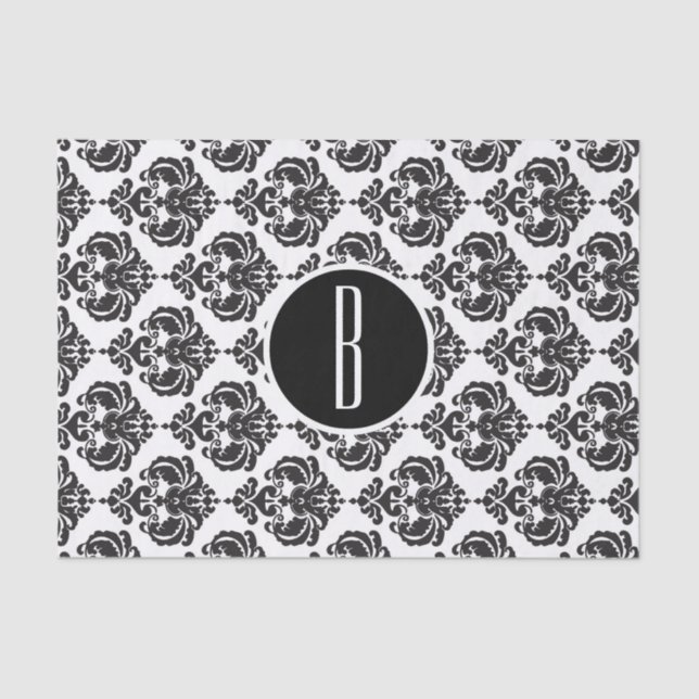 Initialer Schwarz-weiß Glam Damask Monogram Letter Seidenpapier (Vorderseite)