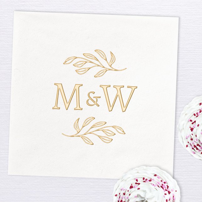 Initiales de Monogramme de couple moderne Élégant  (Wedding couple monogram initials botanical leaf sprig foil party paper napkin)