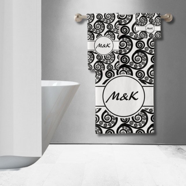 Initiales élégantes noir blanc Botanique feuille d (Elegant Black White iniials Botanical Fern Frond Bath Towel Set)