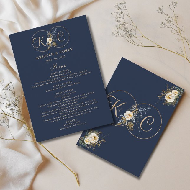 Initiales Hochzeitmenü für das Blue Gold Monogram Menükarte (Von Creator hochgeladen)