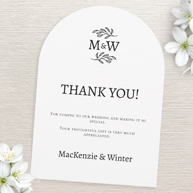 Initiales mariage de deux monogrammes Carte de rem (Wedding thank you arch card couple monogram initials botanical line art leaf sprig )