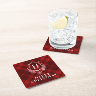 Initiales Red Kariert Winter Monogram Wappen Rechteckiger Pappuntersetzer