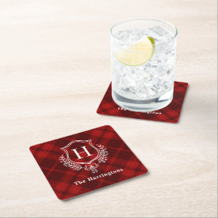 Initiales Red Kariert Winter Monogram Wappen Rechteckiger Pappuntersetzer