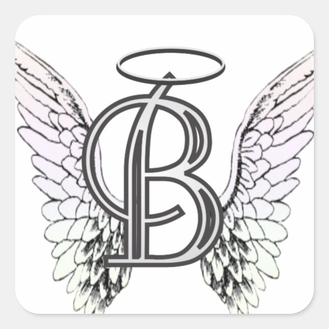 Initialmonogramm B mit Angel Wings & Halo Quadratischer Aufkleber (Vorderseite)