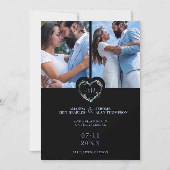 Initials Floral Blue Heart 2 Photos on Black Save The Date (Vorderseite)