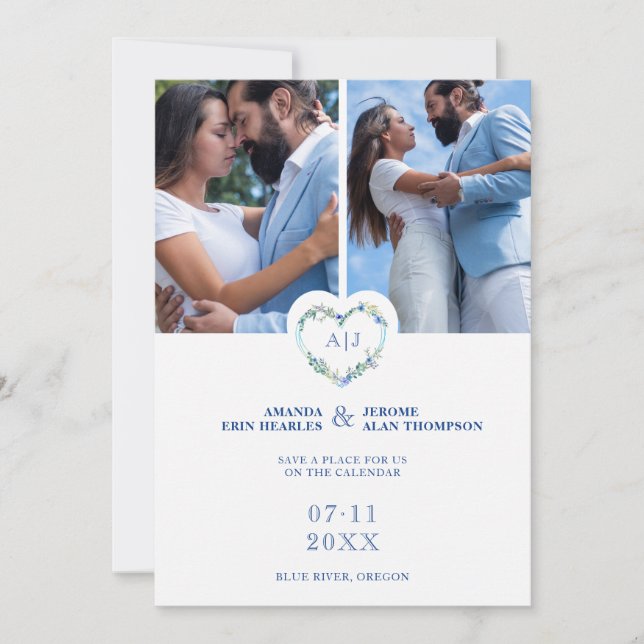 Initials Floral Blue Heart 2 Photos on White Save The Date (Vorderseite)