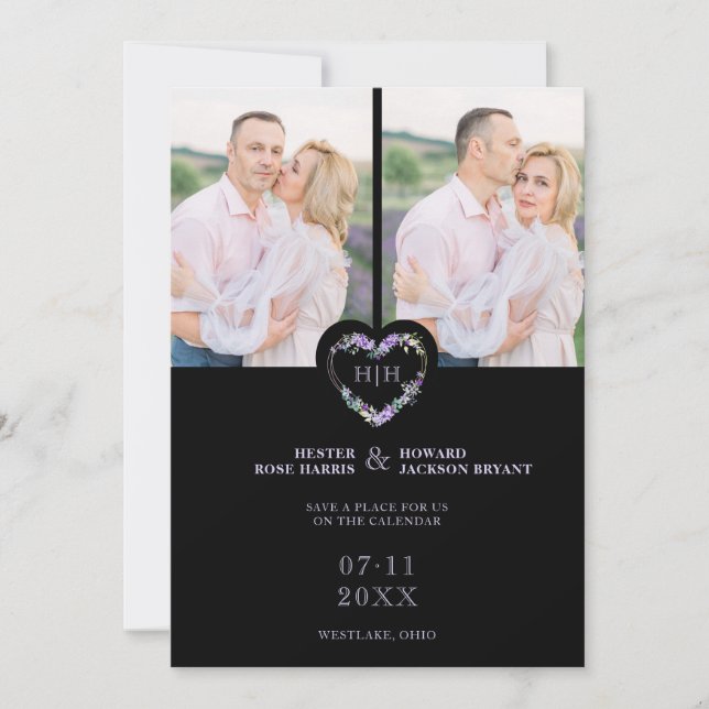 Initials Floral Purple Heart 2 Photos on Black Save The Date (Vorderseite)